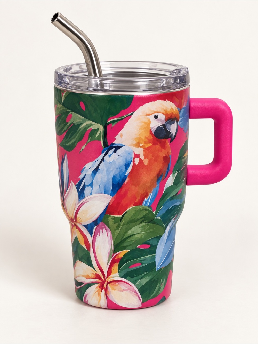 Ashland Tropical Parrot Travel Mug with Pink Handle Cute Mini Tumbler